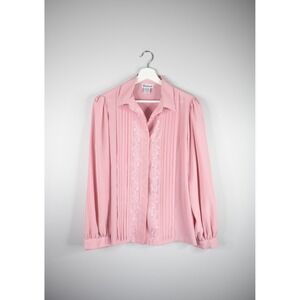 Gailord Blouse Women 16 Pink Excellent Vintage Embroidered Pintuck Long Sleeve